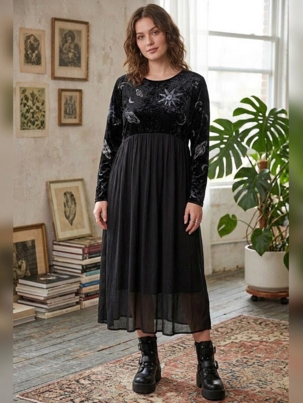 Boutique Whimsigoth Babydoll Velvet Burnout Celestial PAPERMOON Dress Y2K NWOT